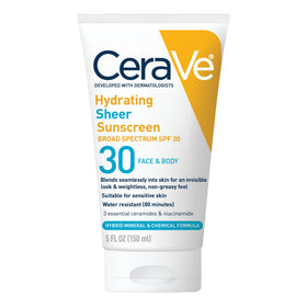 CeraVe Hydrating Sheer Sunscreen SPF 30 front view, 5oz bottle
