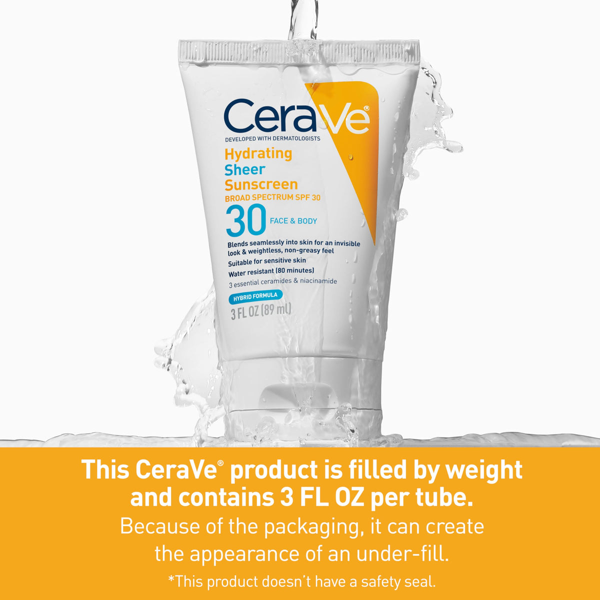 CeraVe Hydrating Sheer Sunscreen SPF 30 on a vanity with other skincare
