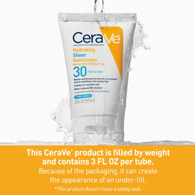 CeraVe Hydrating Sheer Sunscreen SPF 30 on a vanity with other skincare