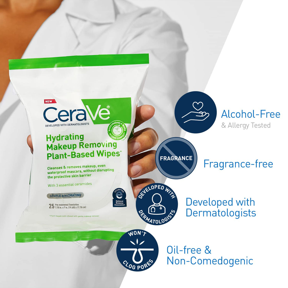 CeraVe Makeup Remover Wipes with a hand holding a wipe