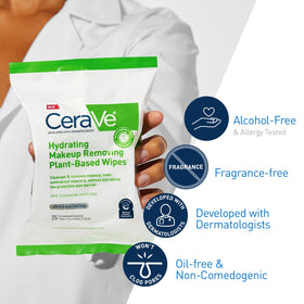 CeraVe Makeup Remover Wipes with a hand holding a wipe