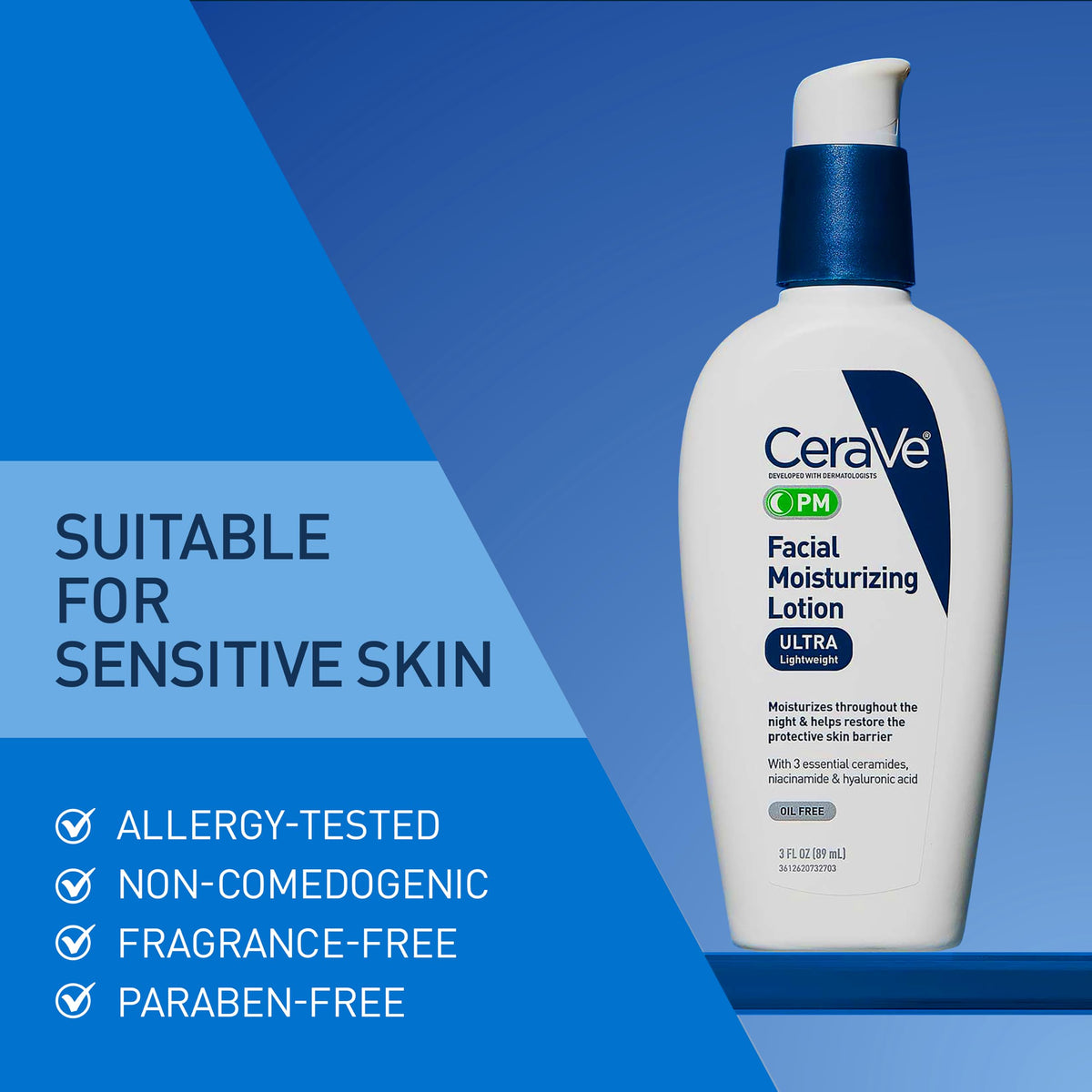 CeraVe PM Facial Moisturizing Lotion 3oz on a nightstand