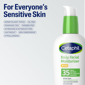 Cetaphil Daily Facial Moisturizer SPF 35 on a bathroom counter