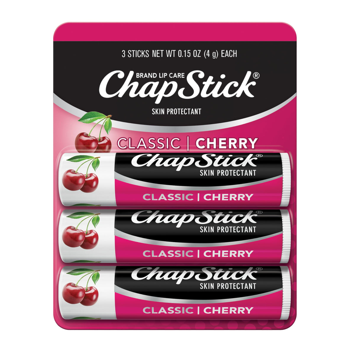 ChapStick Classic Cherry Lip Balm Tubes front view, pack of three