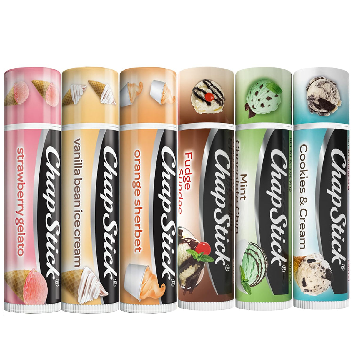 ChapStick Ice Cream Collection 6-Pack front view with flavours