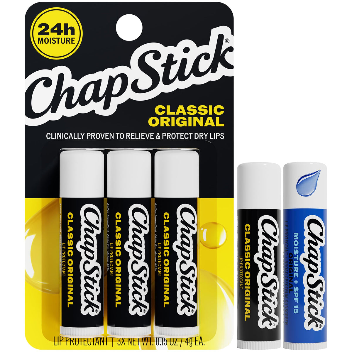 ChapStick Lip Balm Set featuring 4 Classic Original and 1 Moisture + SPF 15