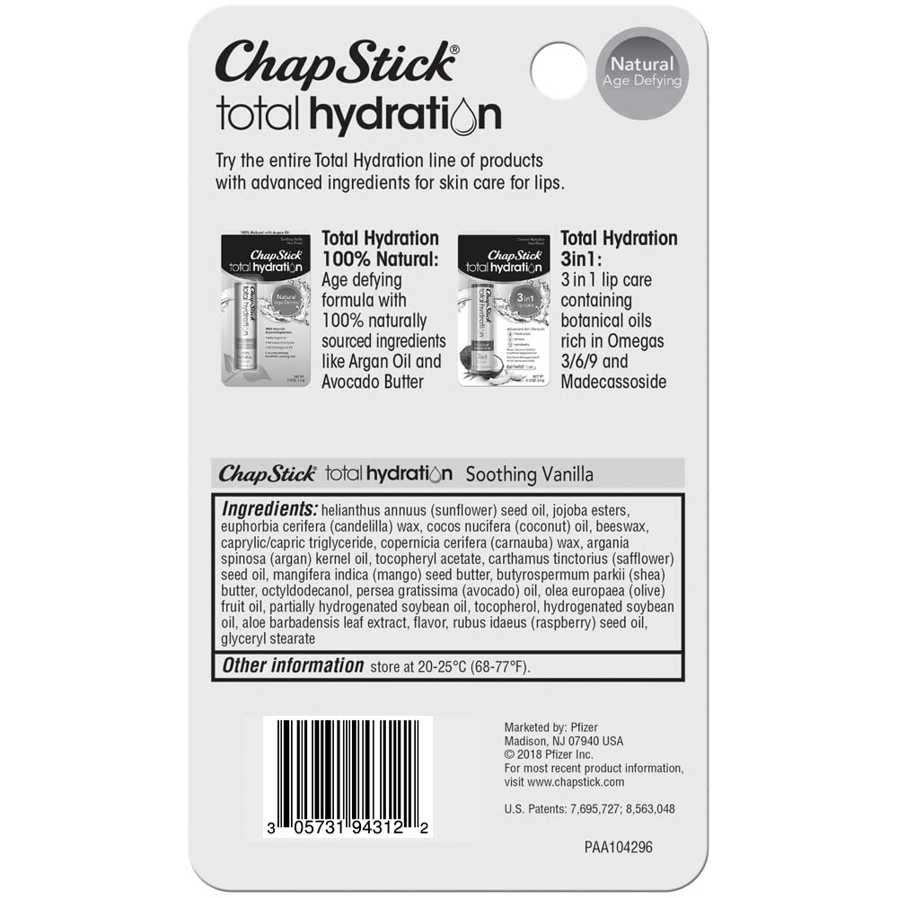 ChapStick Total Hydration Soothing Vanilla Lip Balm tube on a desk