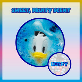 Character bath bomb releasing bubbles in warm water