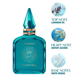 Charlotte Tilbury Calm Bliss Eau De Parfum bottle with floral background