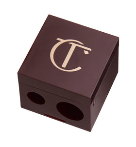 Charlotte Tilbury dual-size pencil sharpener front view in rose gold