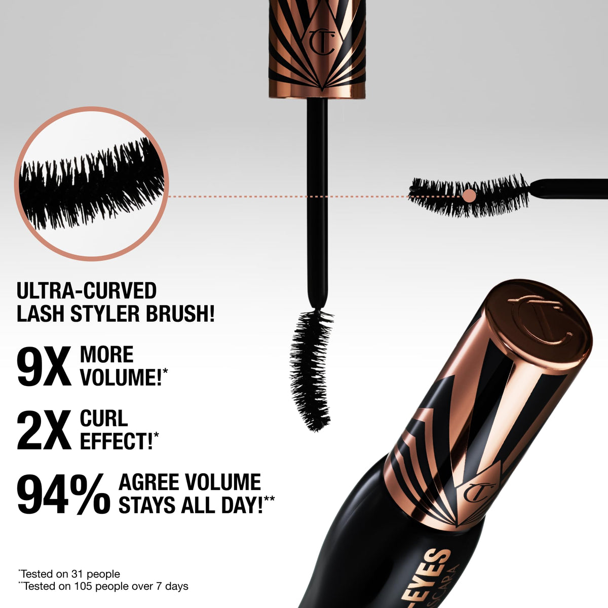 Charlotte Tilbury Exagger-Eyes Volume Mascara applied on model's lashes