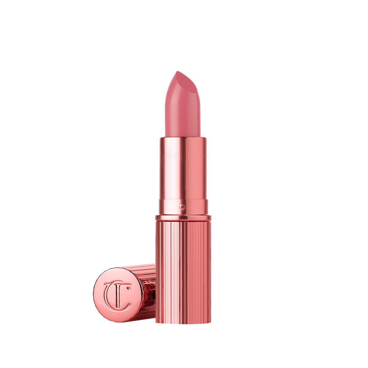 Charlotte Tilbury K.I.S.S.I.N.G Lipstick front view in pink metallic tube