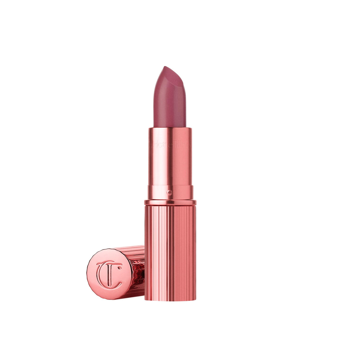 Charlotte Tilbury K.I.S.S.I.N.G Lipstick front view in pink metallic tube