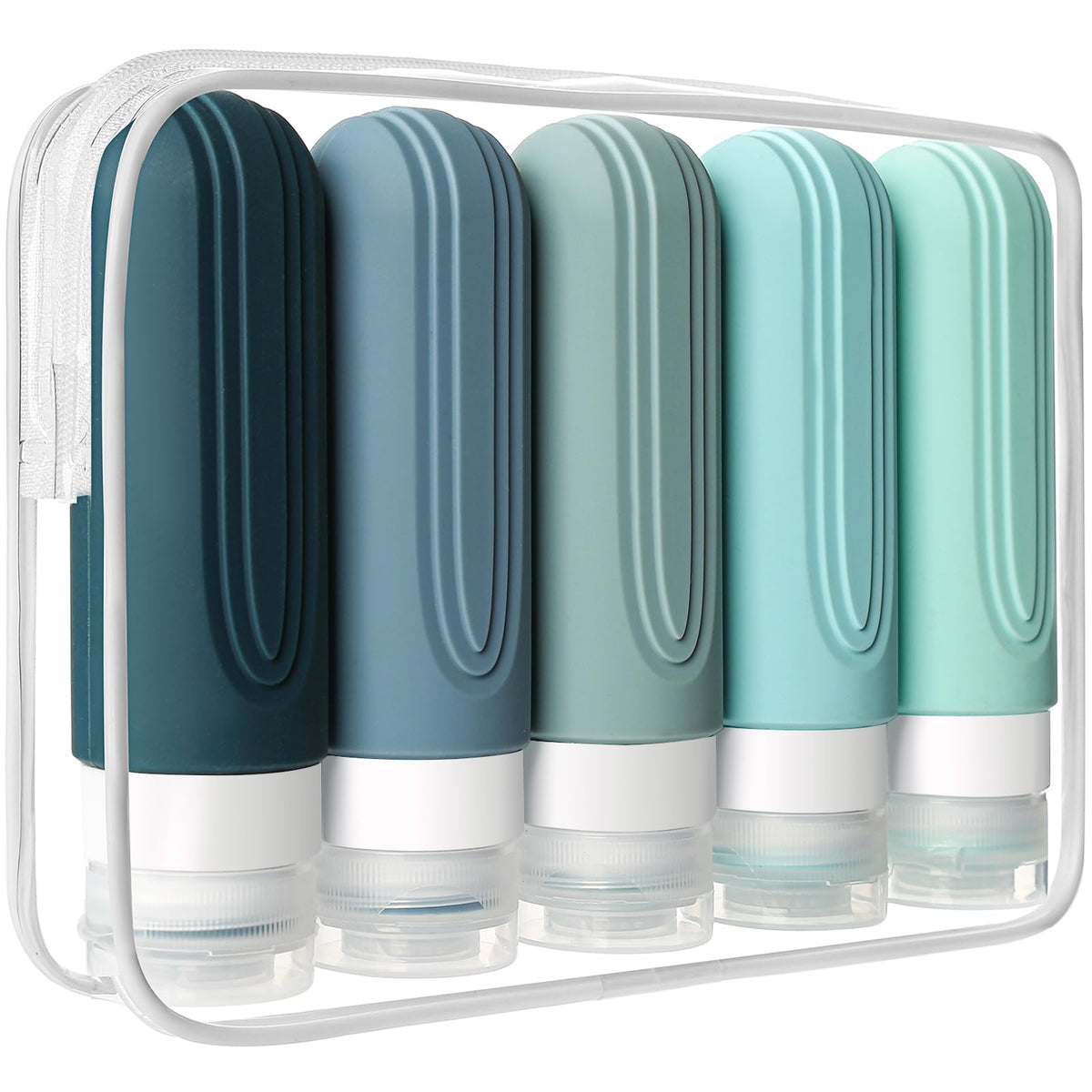 CHEODIN travel bottles set featuring five 3oz containers in a clear toiletry bag