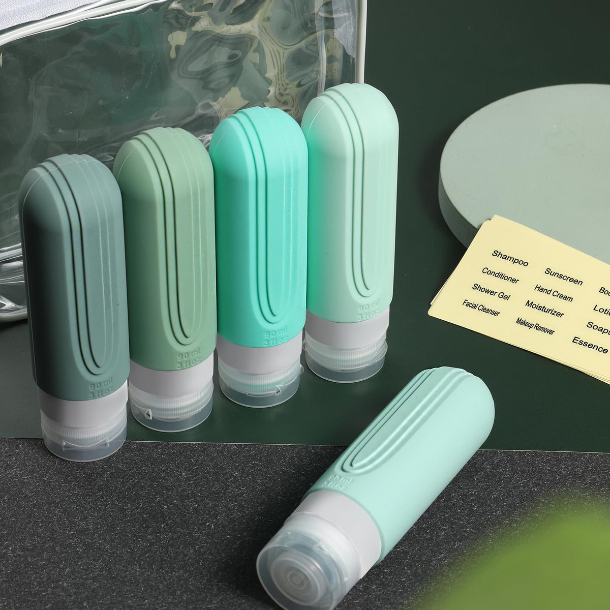 CHEODIN travel bottles with labels attached for easy identification