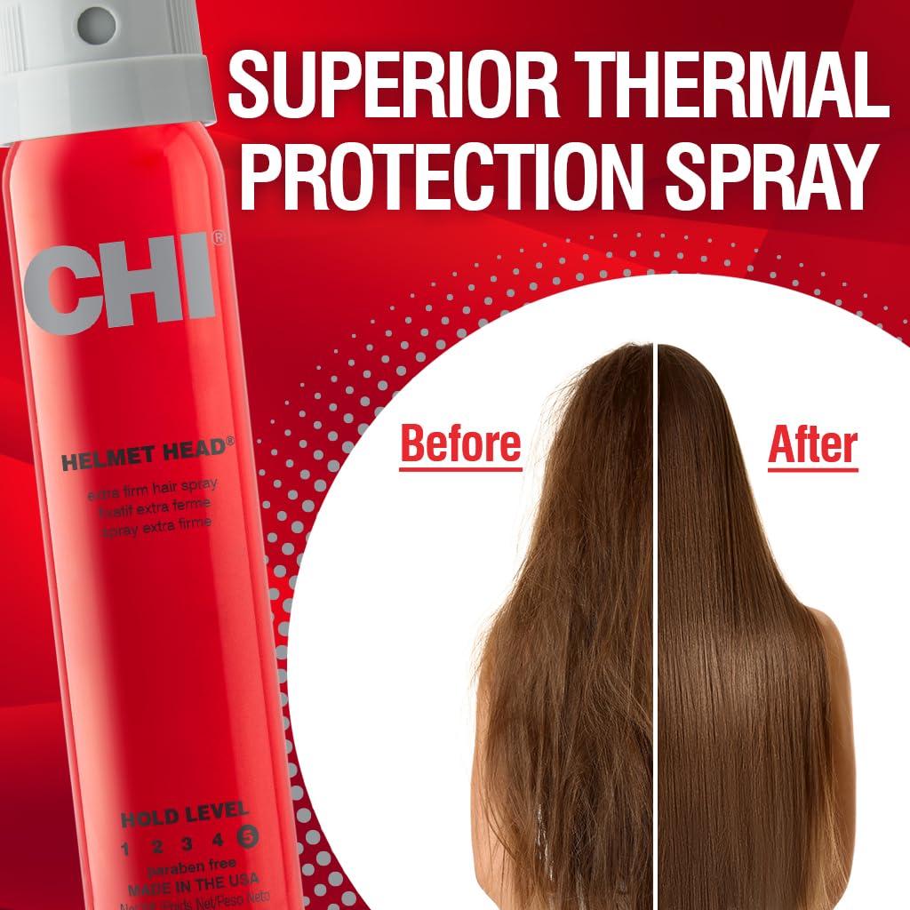 CHI Helmet Head Extra Firm Hairspray on a vanity