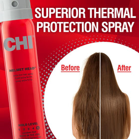 CHI Helmet Head Extra Firm Hairspray on a vanity