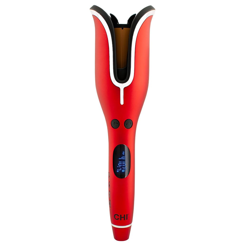 CHI Spin N Curl 1-inch ceramic rotating curling iron in ruby red, front view