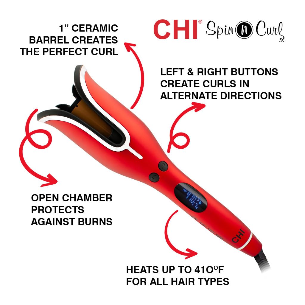 CHI Spin N Curl 1-inch curling iron showing digital temperature display