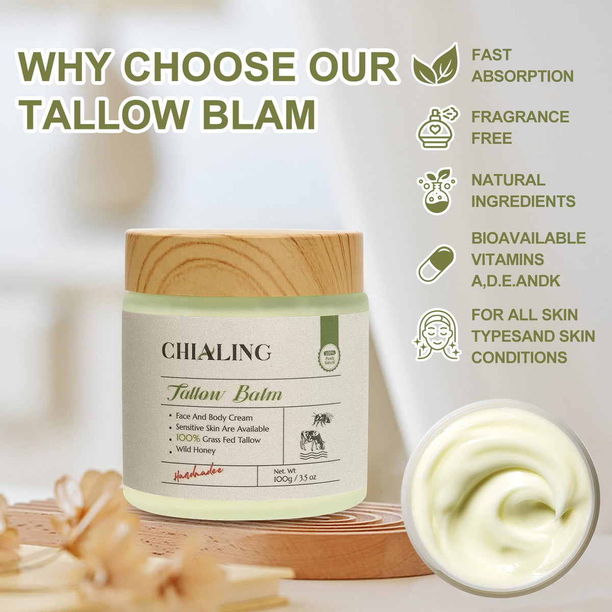 Chialing beef tallow balm applied on skin