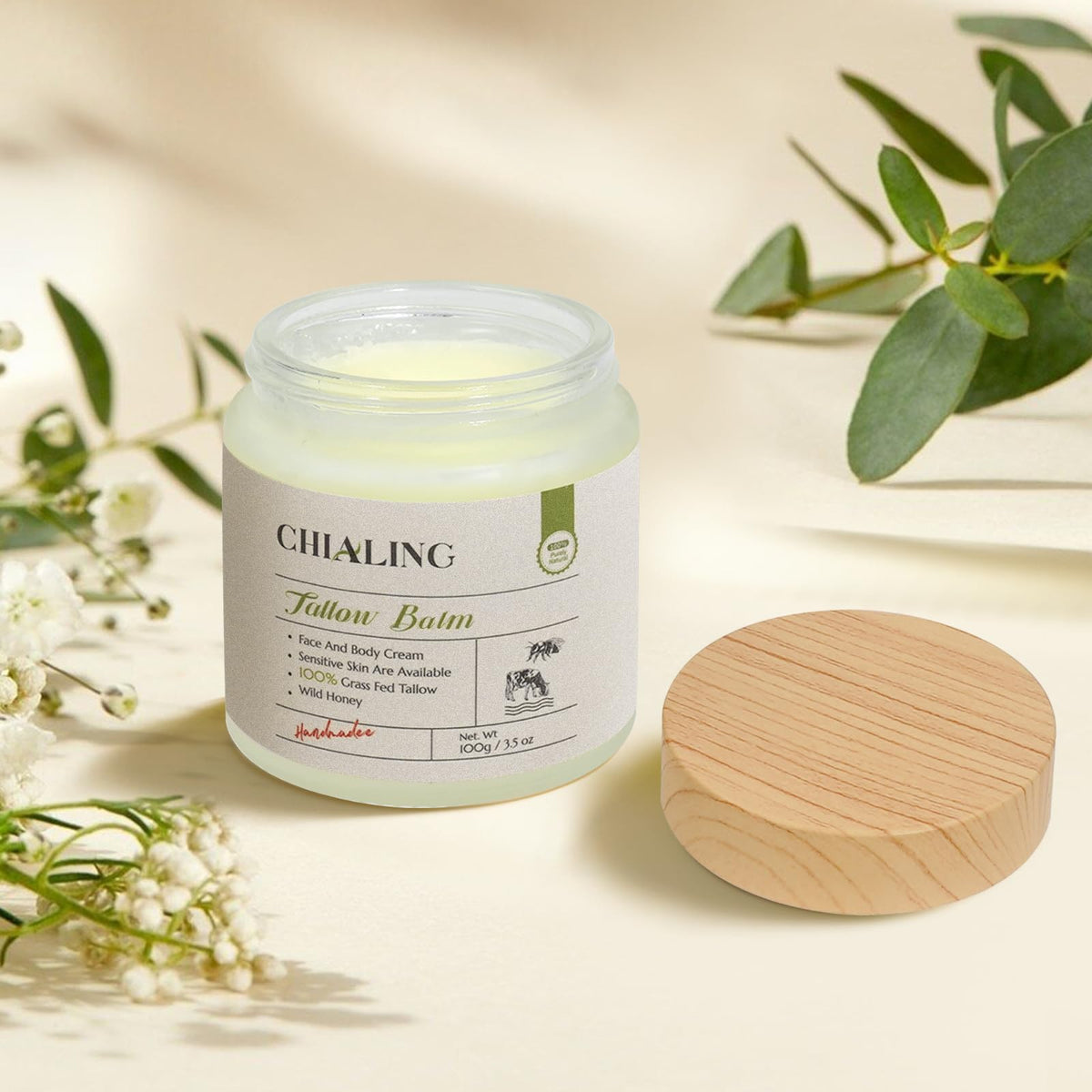 Chialing beef tallow balm on a wooden surface