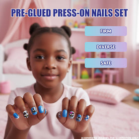 Child applying Hello Kitty press-on nails at home