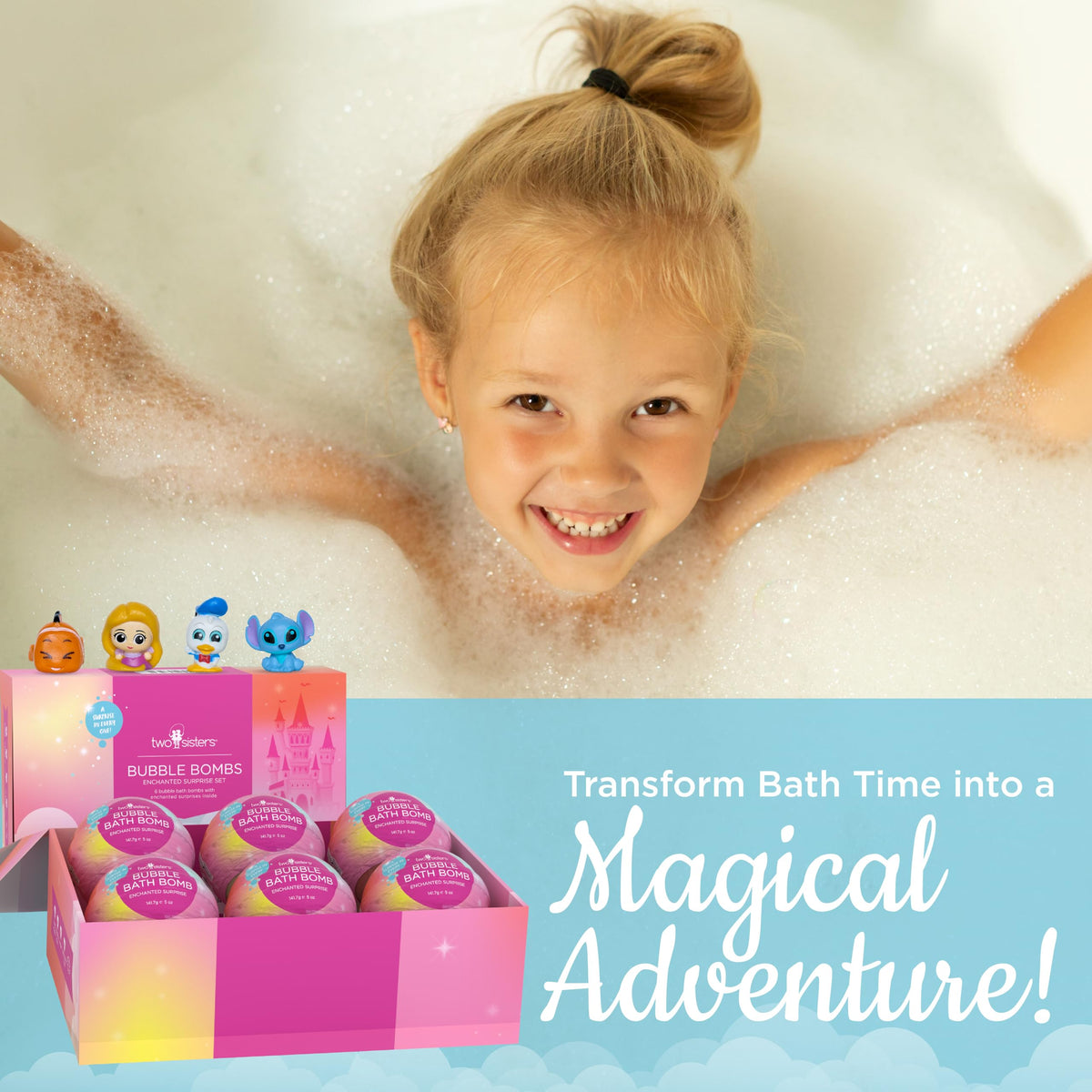 Child enjoying a bath with Two Sisters bath bombs