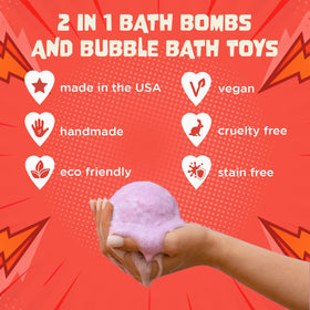 Child enjoying a bath with Two Sisters superhero bath bombs