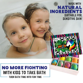 Child enjoying a bubble bath with Unicorn Bath Bombs
