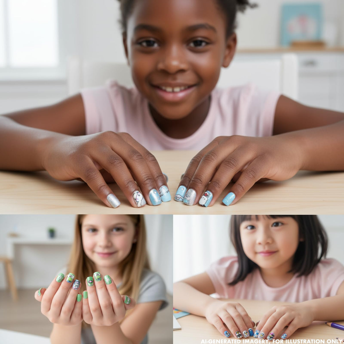 Child showing off her decorated nails with Hello Kitty designs
