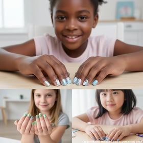 Child showing off her decorated nails with Hello Kitty designs