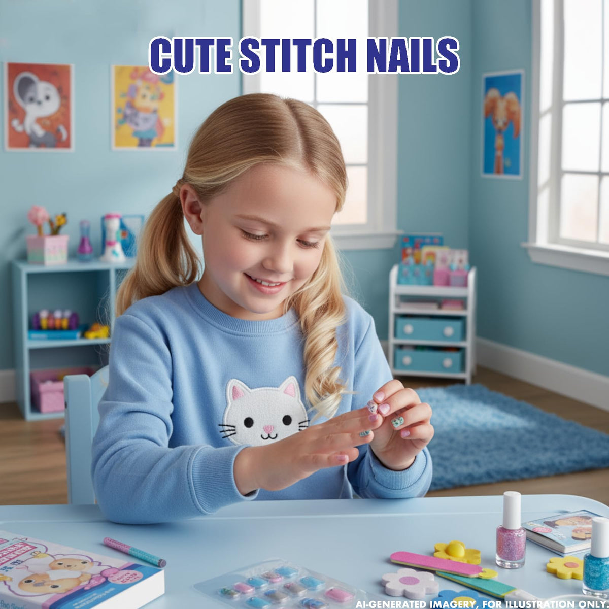 Child showing off her decorated nails with Stitch designs
