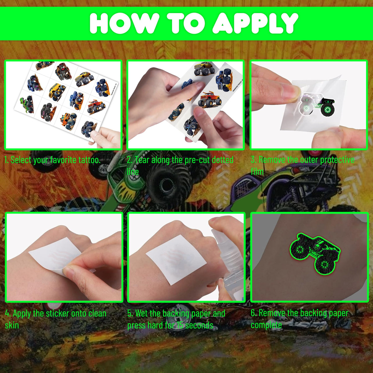 Child showing off Monster Truck temporary tattoos on face