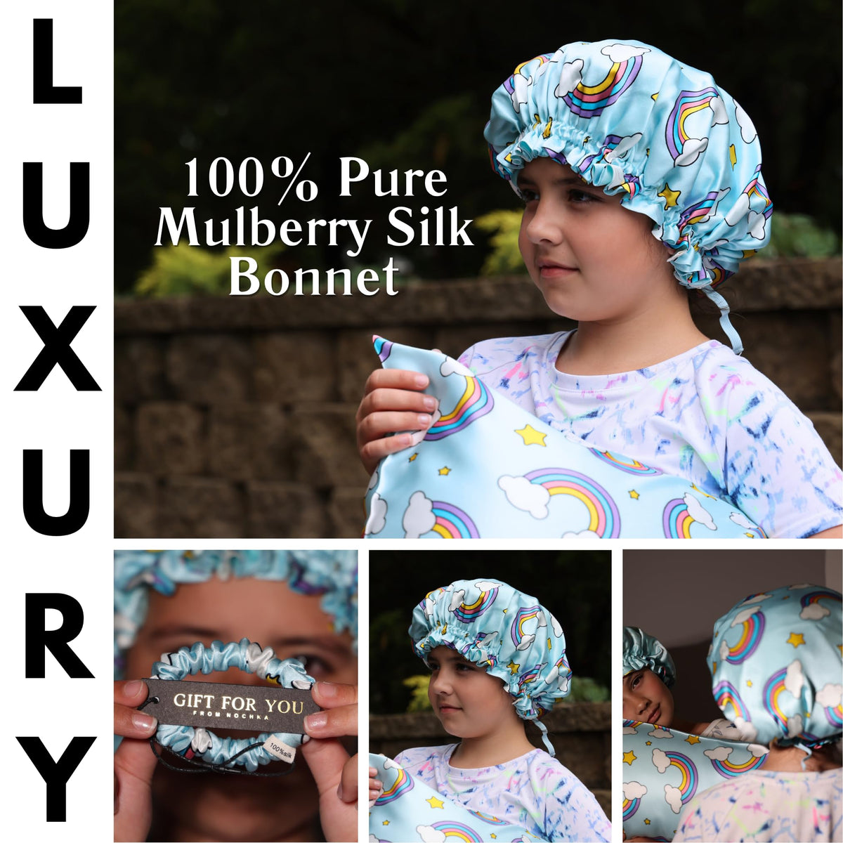 Child wearing the Kids Silk Sleep Bonnet while sleeping
