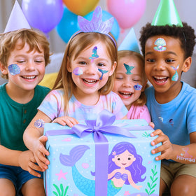 Children applying mermaid tattoos at a birthday party