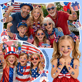 Children applying TATUWST 4th of July temporary tattoos at a party