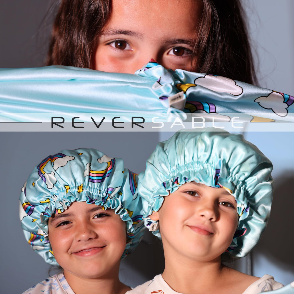 Children's silk bonnet in blue rainbows on a flat surface