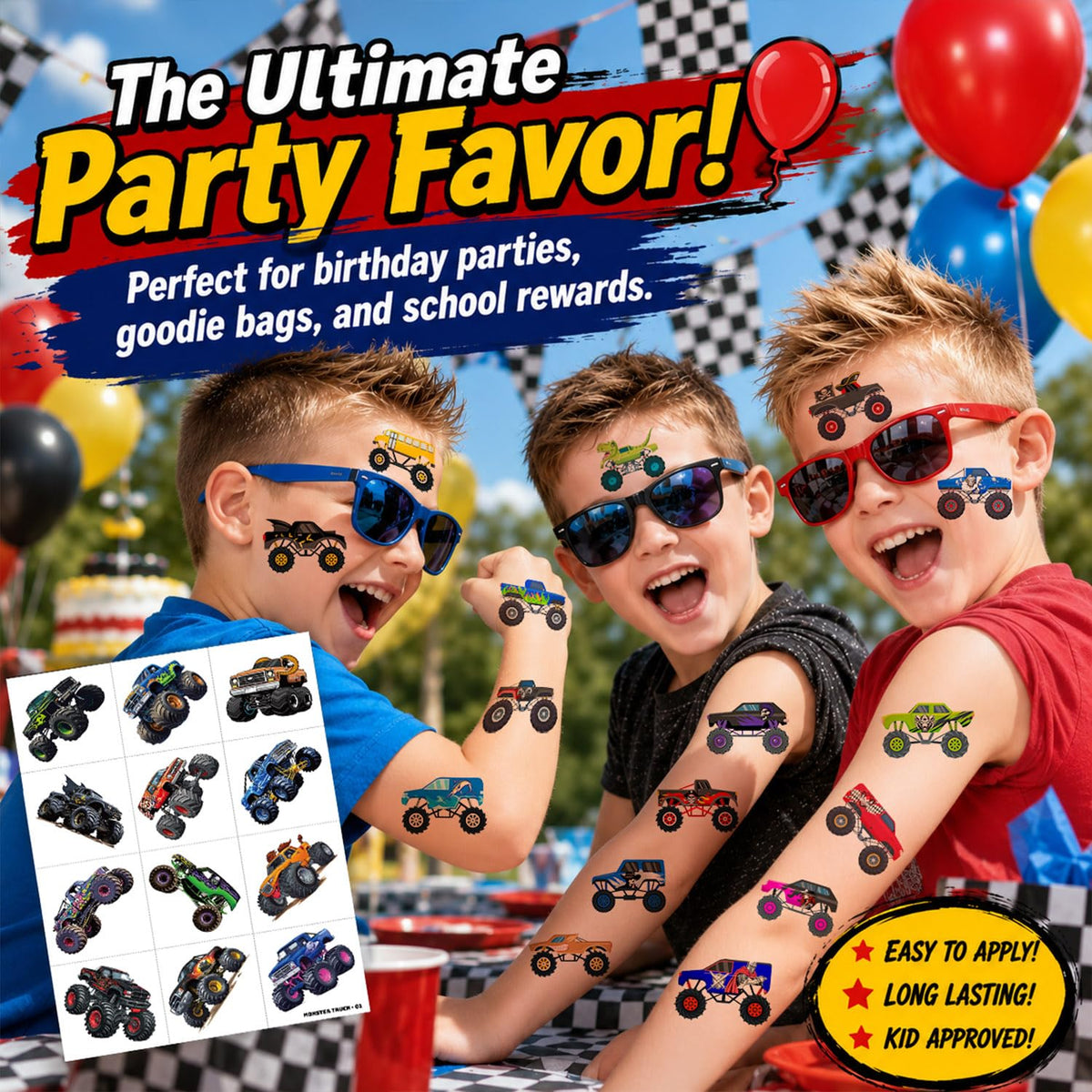 Children sharing monster truck tattoos at a birthday party