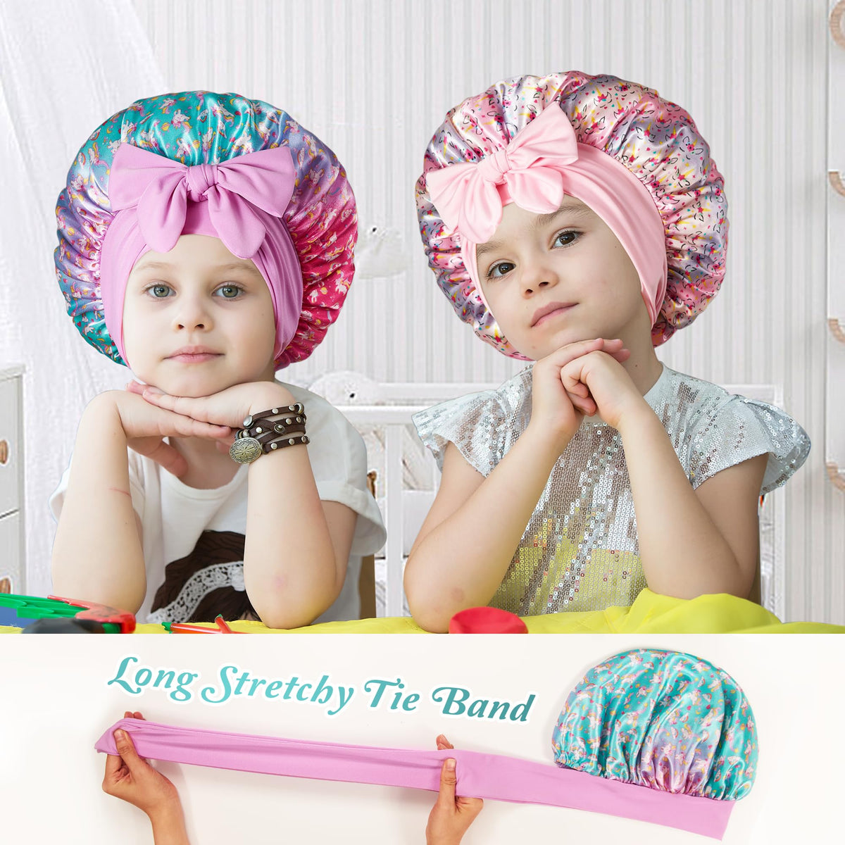 choshion kids satin bonnet being worn by a child