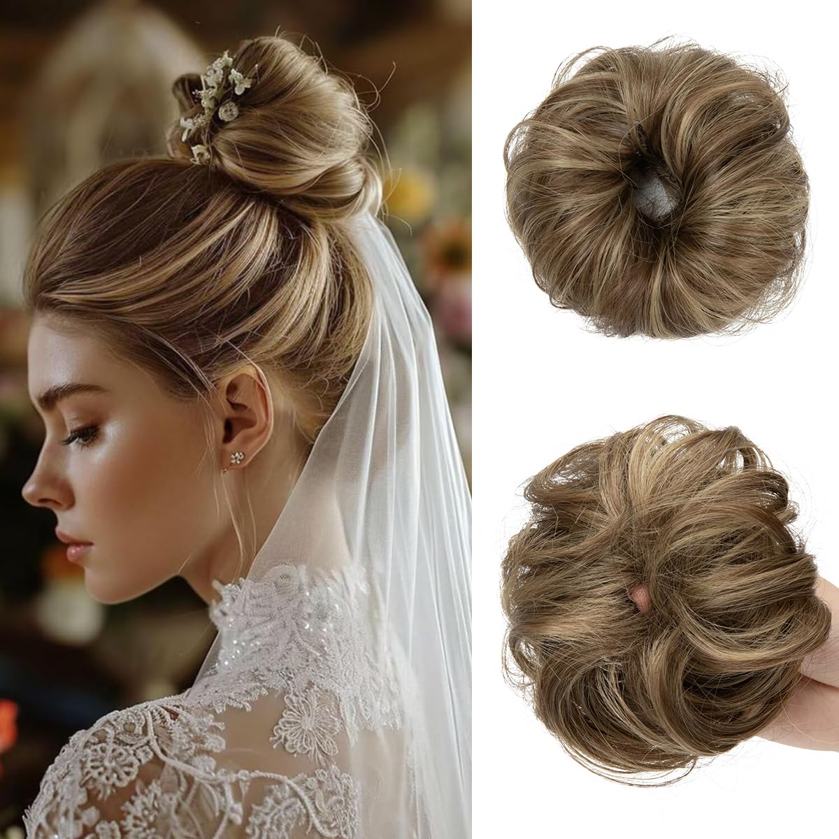 CJL HAIR 2PC Messy Bun Hair Piece in brunette color front view