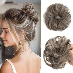 CJL HAIR 2PC Small Cute Messy Bun Hair Piece front view in middle grey