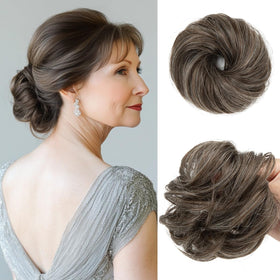 CJL HAIR 2PCs Small Cute Messy Bun Hair Piece in Pepper Brown front view