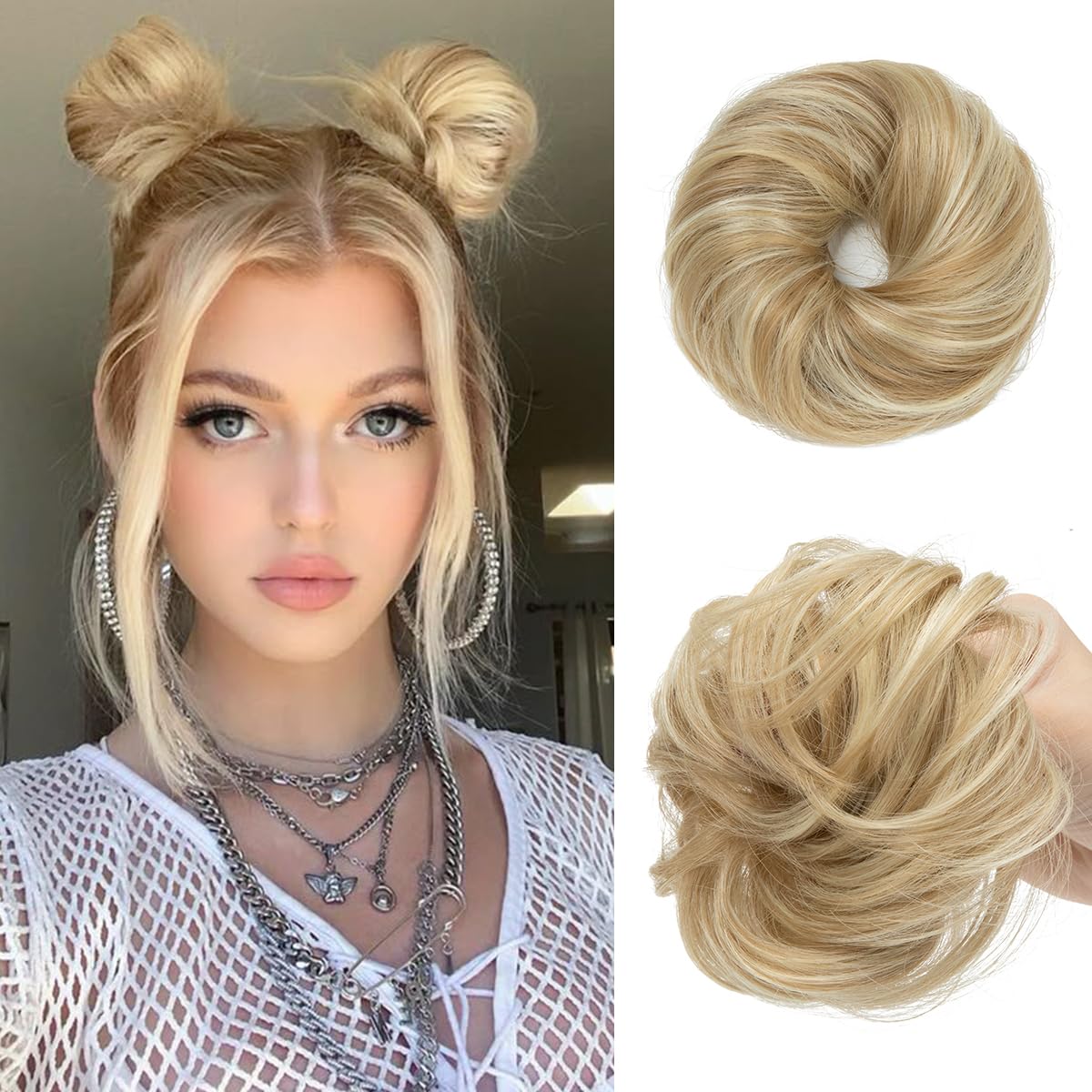 CJL HAIR 2PCs Small Messy Bun Hair Piece in dirty blonde, front view