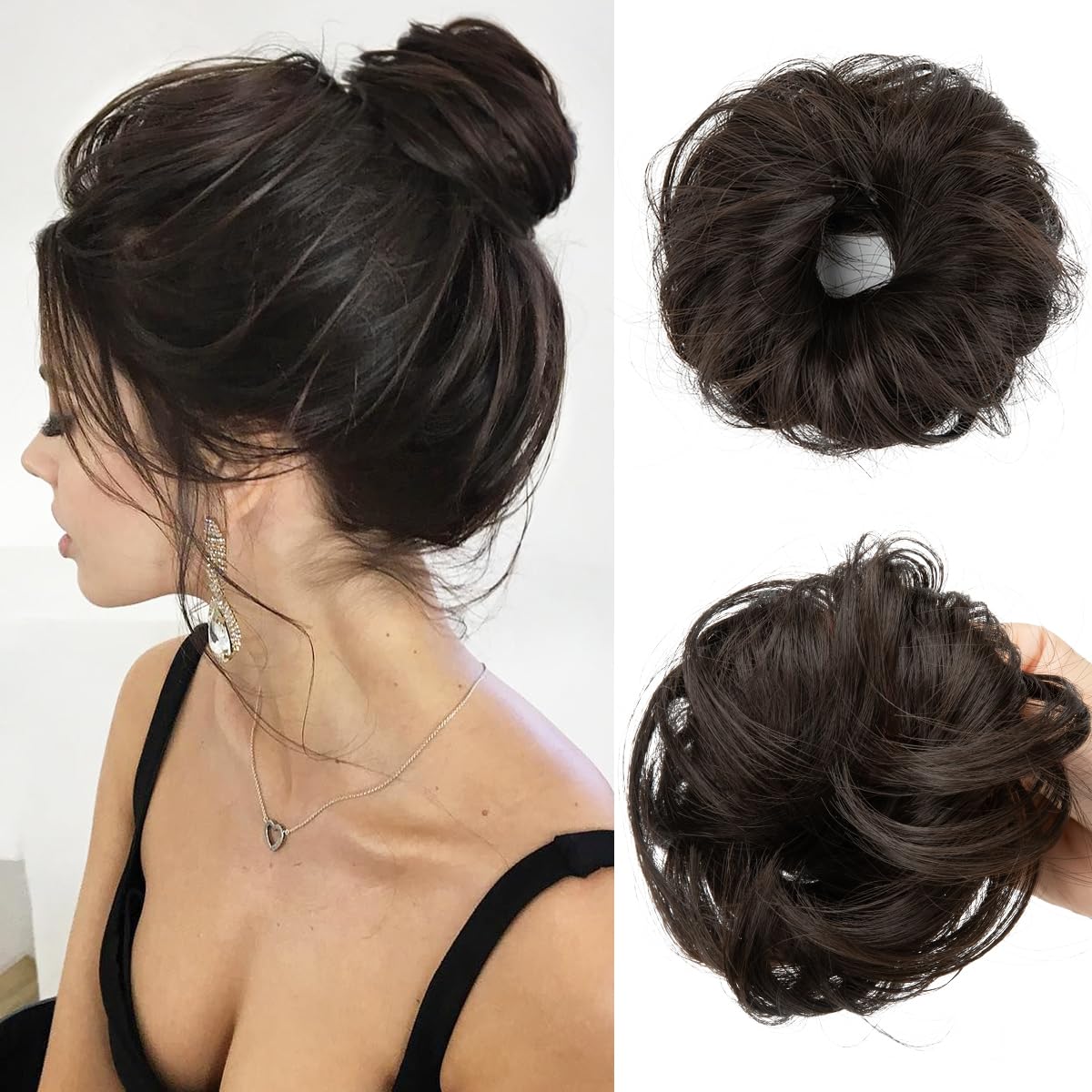 CJL HAIR Small Cute Messy Bun Hair Piece in Dark Brown front view