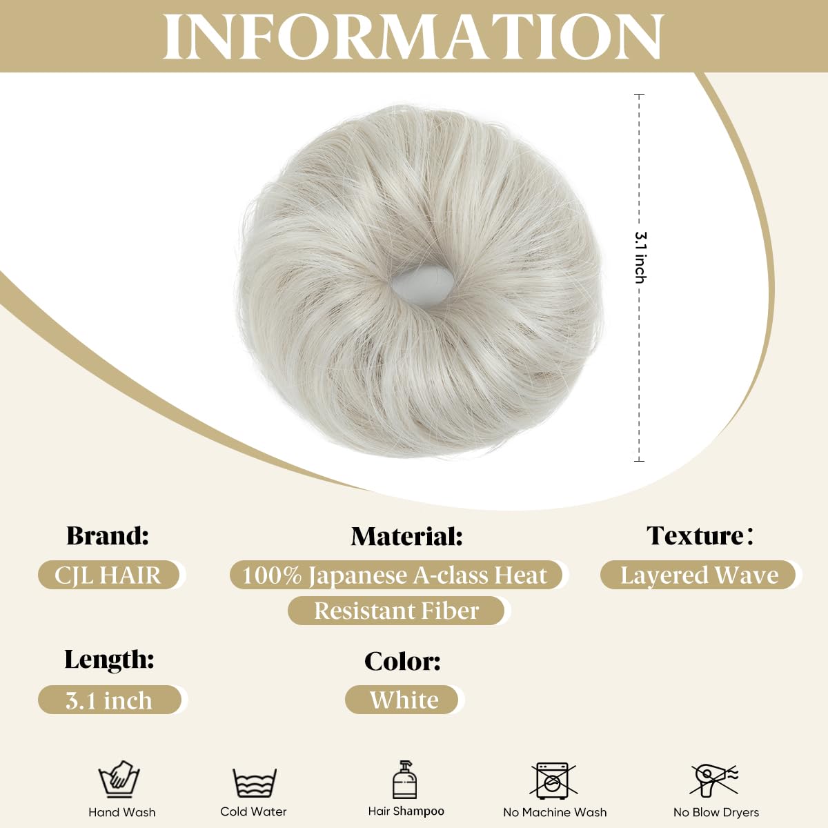 CJL HAIR Small Cute Messy Bun Hair Piece in white, side view