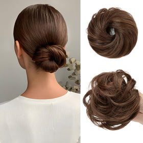 CJL HAIR small messy bun hair piece front view in chocolate multi