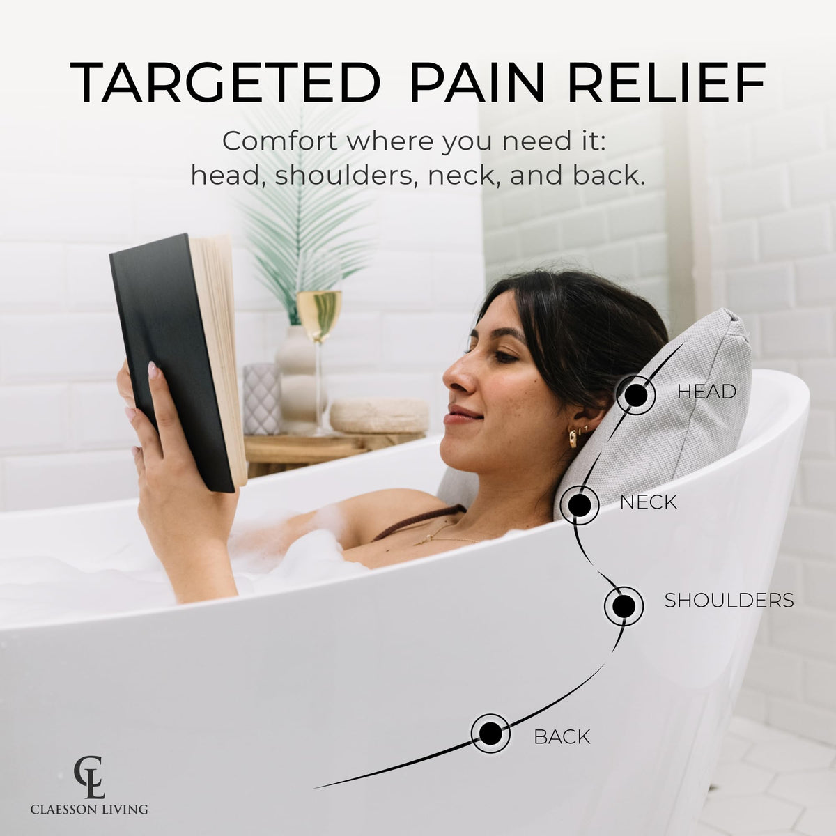 Claessonliving Bath Pillow showing ergonomic design for head and neck support