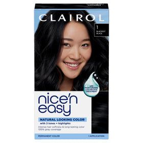 Clairol Nice'n Easy 1 Blackest Black hair dye box front view