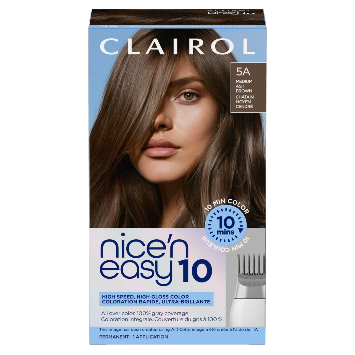 Clairol Nice'N Easy 10 Permanent Hair Dye 5A Medium Ash Brown packaging front view