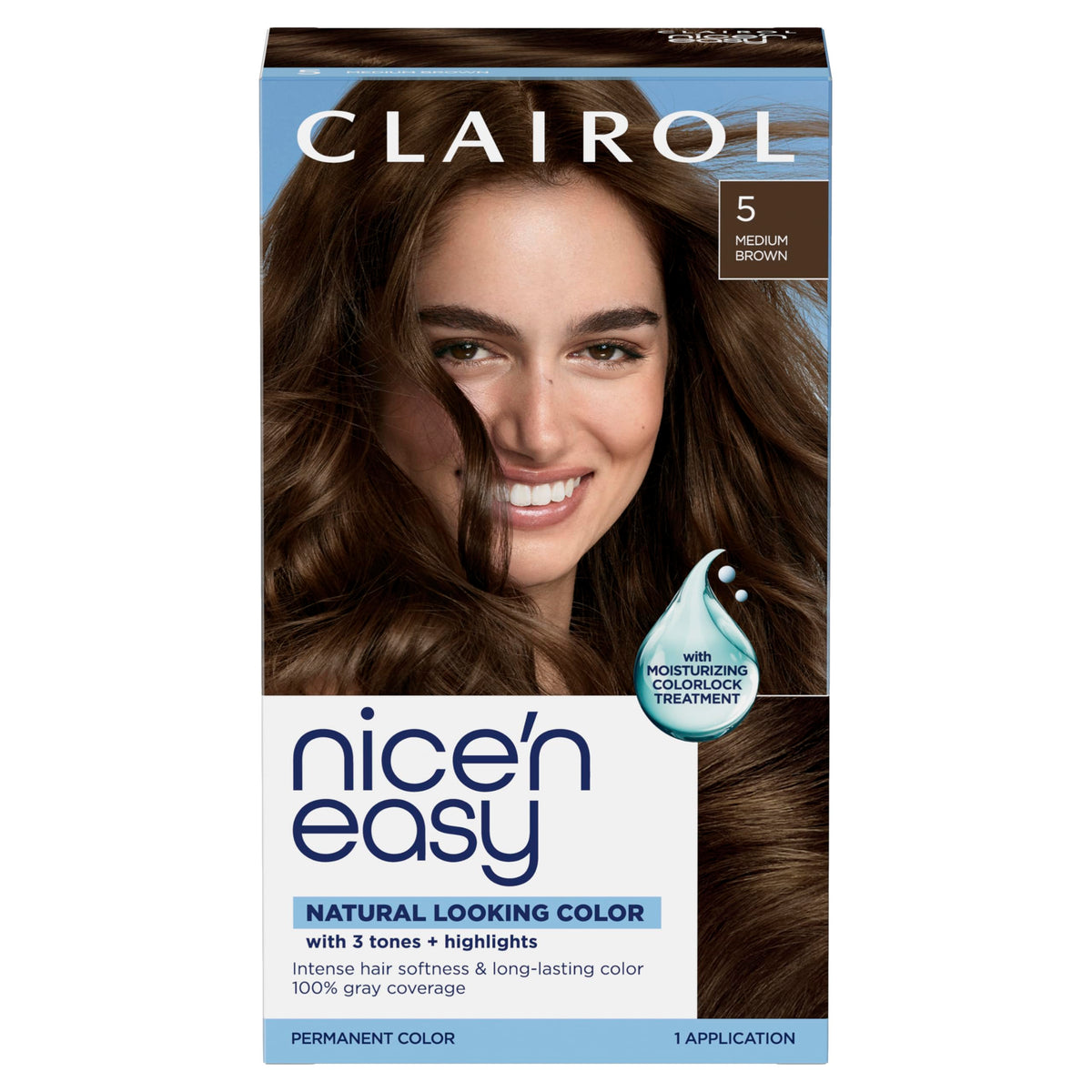 Clairol Nice'n Easy 5 Medium Brown hair dye box front view